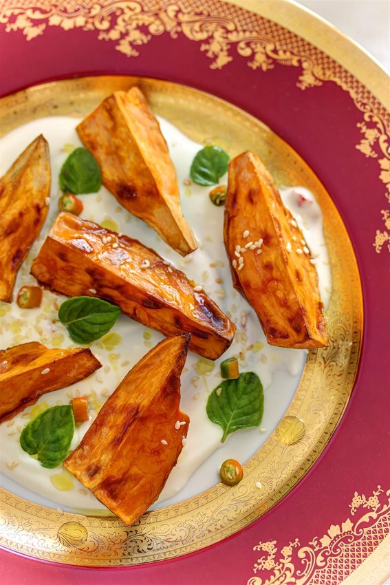 Roasted Sweet Potatoes with Chili Yogurt and Mint