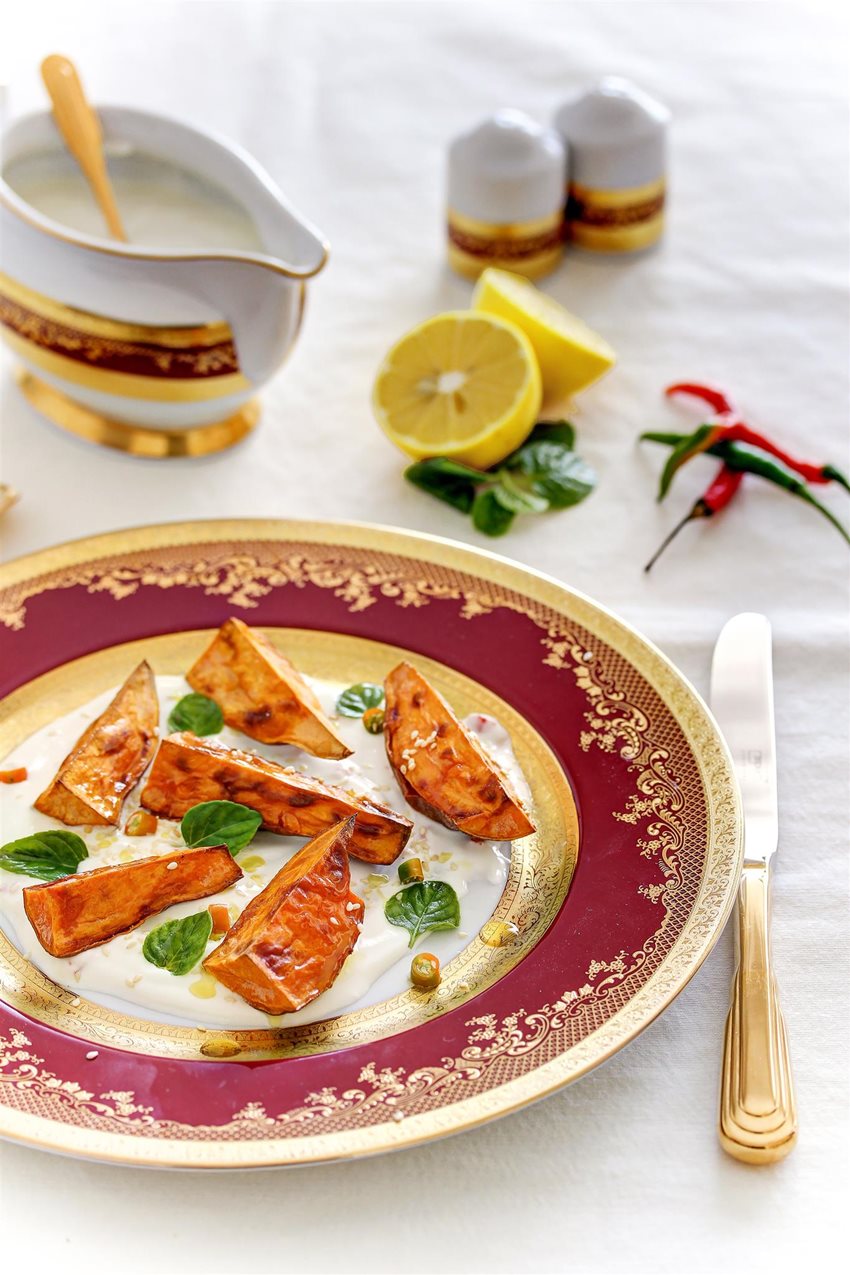 Roasted Sweet Potatoes with Chili Yogurt and Mint